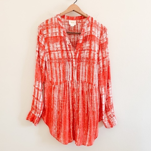 Anthro Red-Orange Abstract Print Pin-tuck Babydoll Peasant Blouse Top - Picture 7 of 11